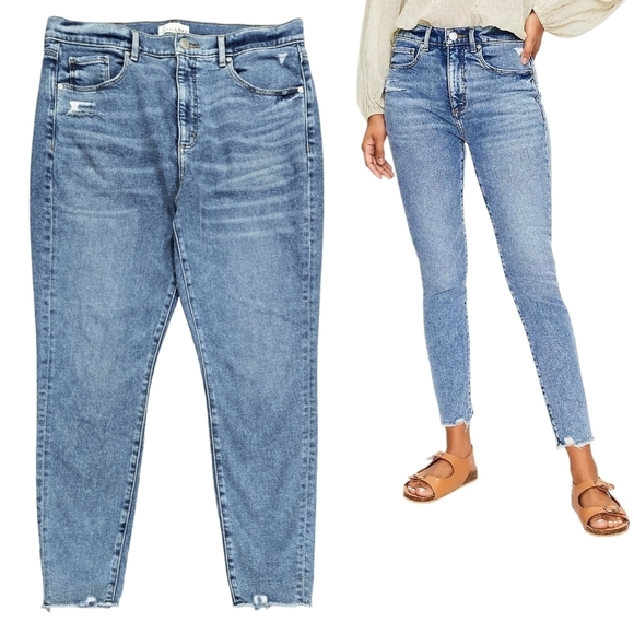 LOFT High Waist Skinny Ankle Jeans Distressed Frayed Raw Hem Stretch, Size 32 - Picture 1 of 11